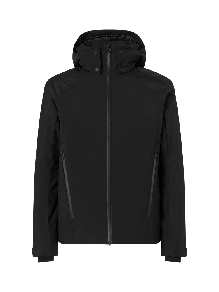 A black Head Men’s Neo Jacket showing waterproof breathable shell fabric, articulated sleeve construction, fully taped seams, zippered chest and hand pockets, adjustable hood, and full-front zip closure.