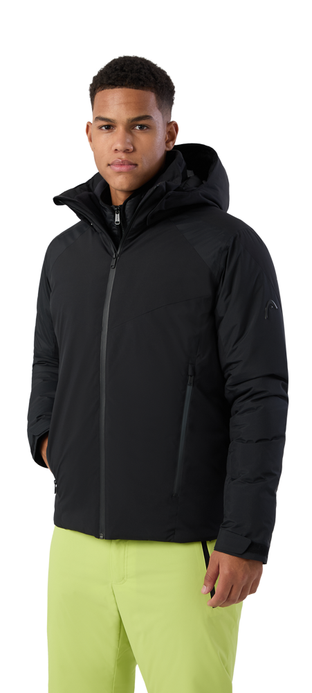 A black Head Men’s Neo Jacket showing waterproof breathable shell fabric, articulated sleeve construction, fully taped seams, zippered chest and hand pockets, adjustable hood, and full-front zip closure.