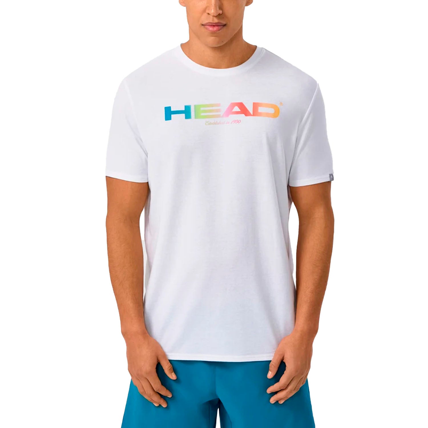 HEAD Men's Rainbow T-Shirt featuring lightweight fabric, rainbow-inspired graphics, a crew neck design, and comfortable everyday wear.