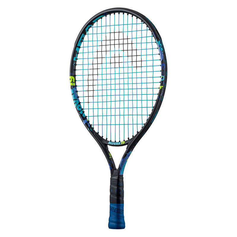 A HEAD NOVAK 19 TENNIS RACKET with a colorful design, featuring a blue and black color scheme with the name 'NOVAK' displayed prominently on the frame.