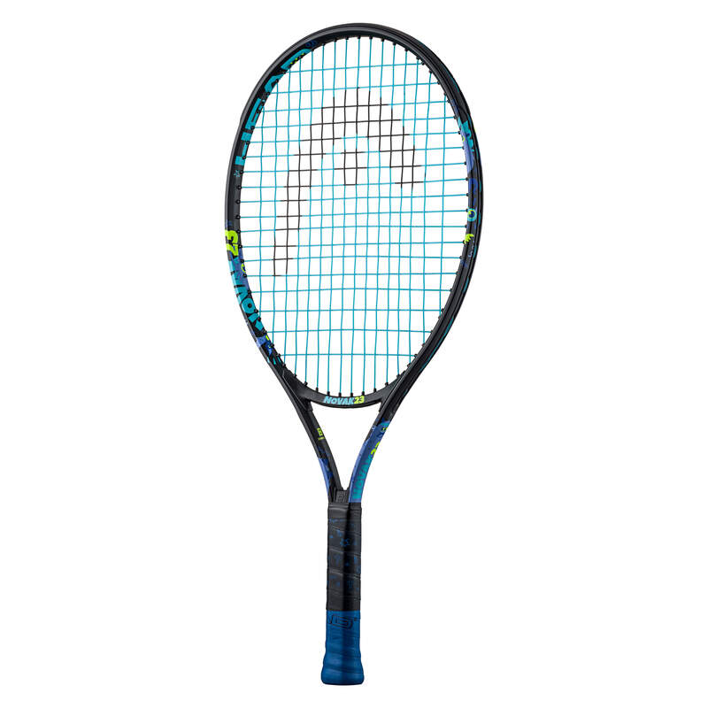 A HEAD NOVAK 23 TENNIS RACKET with a colorful design, featuring a black frame with blue and green accents, and the name 'NOVAK' displayed prominently on the frame.