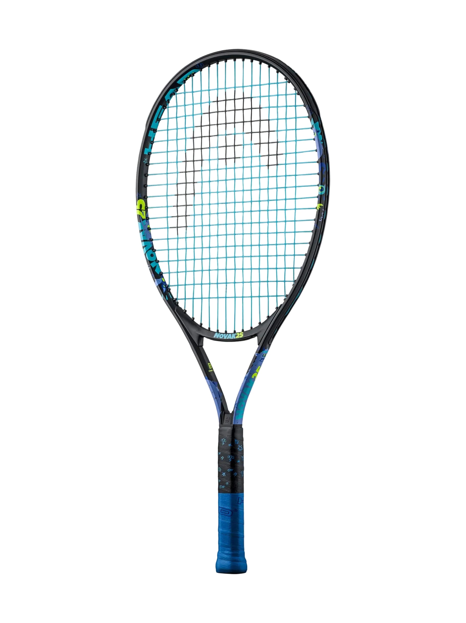 A HEAD Novak 25 Junior tennis racket with a black frame with blue and green accents