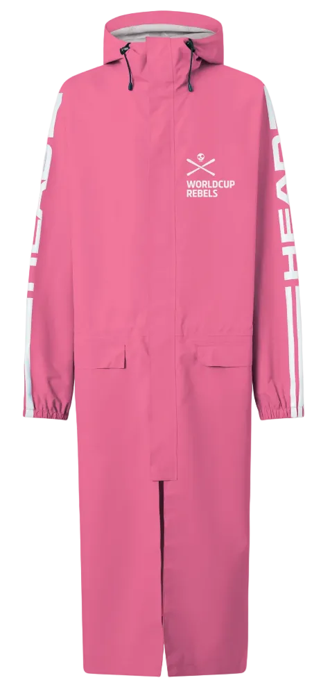 A pink Head Race Rain Coat showing knee-length waterproof nylon shell, fully taped seams, 2-way center-front zipper with storm flap, adjustable fixed hood, and side zip pass-through pockets.