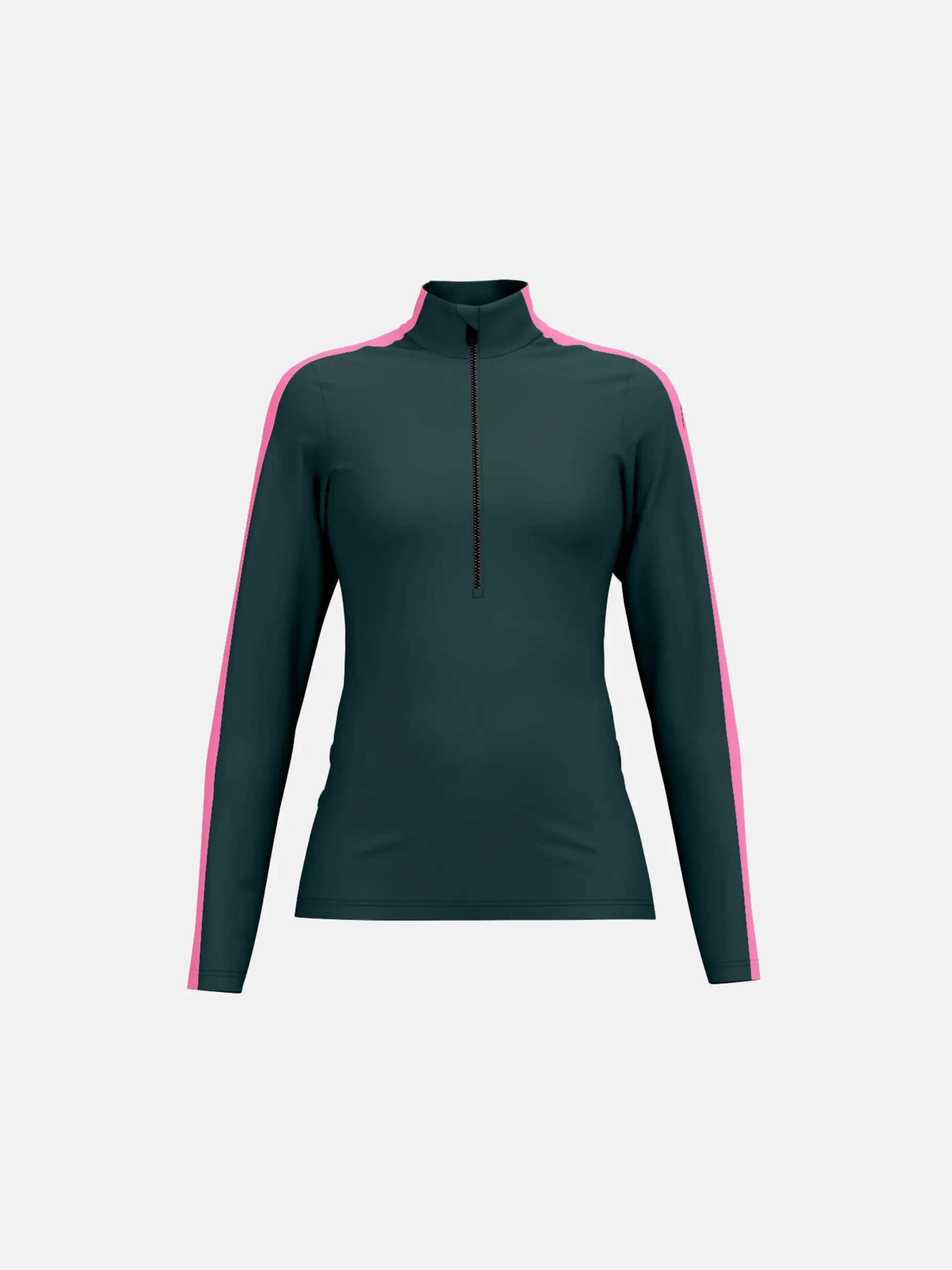 A dark green with pink accents HEAD Women's Aster Midlayer Sweater that is breathable, stretchable, lightweight, and is designed to be worn under a ski jacket.