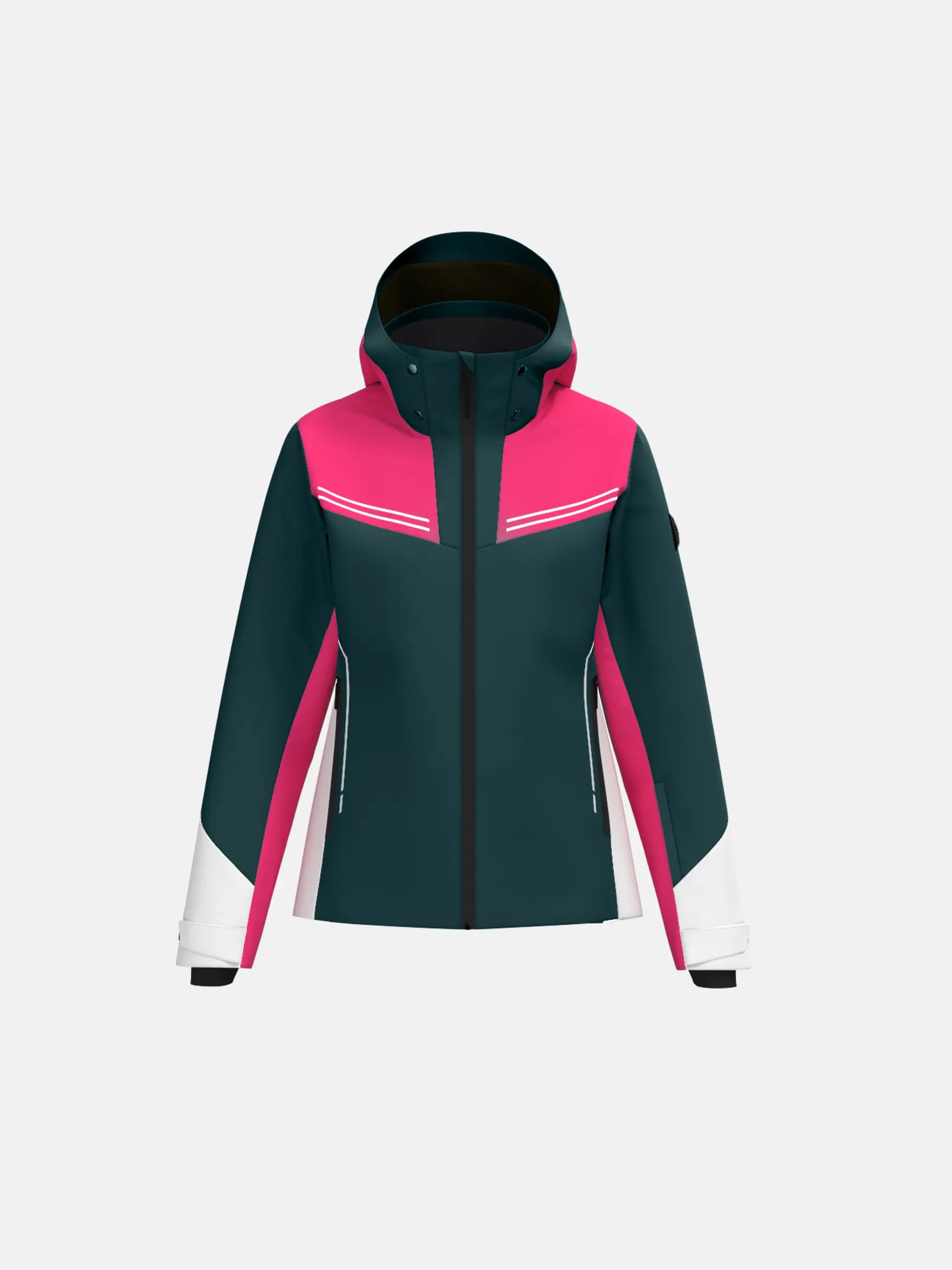 A green and pink HEAD Women's Joy Ski Jacket that is waterproof, insulated, breathable, and stretchable.
