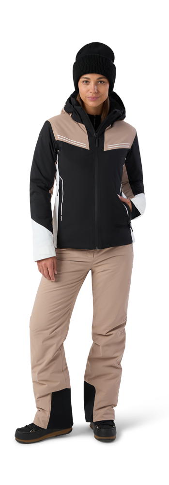 A Head Women’s Joy Jacket showing waterproof breathable shell fabric, articulated sleeves, fully taped seams, insulated quilting, zippered hand pockets, and high stand-up collar.