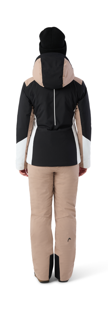 A Head Women’s Joy Jacket showing waterproof breathable shell fabric, articulated sleeves, fully taped seams, insulated quilting, zippered hand pockets, and high stand-up collar.