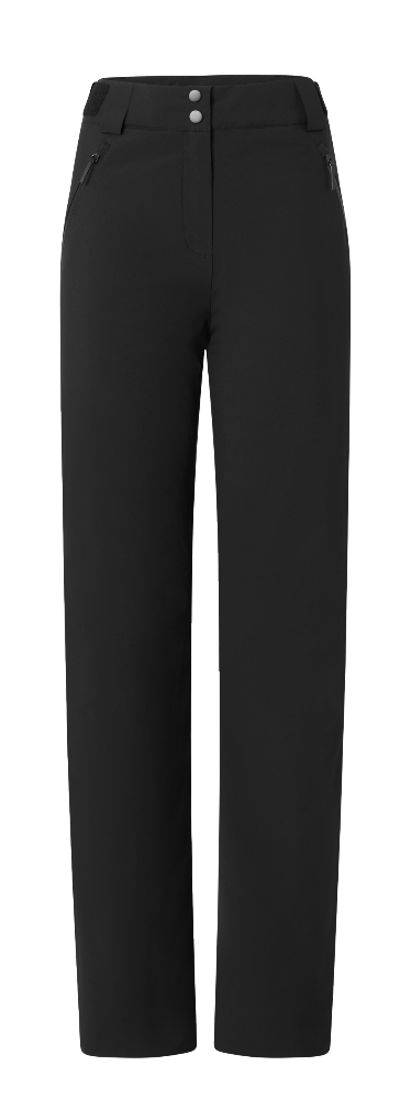 A pair of black Head Women’s Joy Pants showing waterproof breathable shell fabric, articulated knee construction, fully taped seams, adjustable waistband, side zippered pockets, and reinforced scuff guards at lower leg hems.