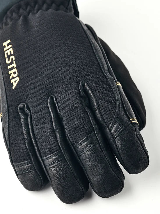 Hestra Army Leather GORE-TEX 5 Finger ski gloves with waterproof membrane, goat leather, G-Loft insulation and long snow-lock cuffs.