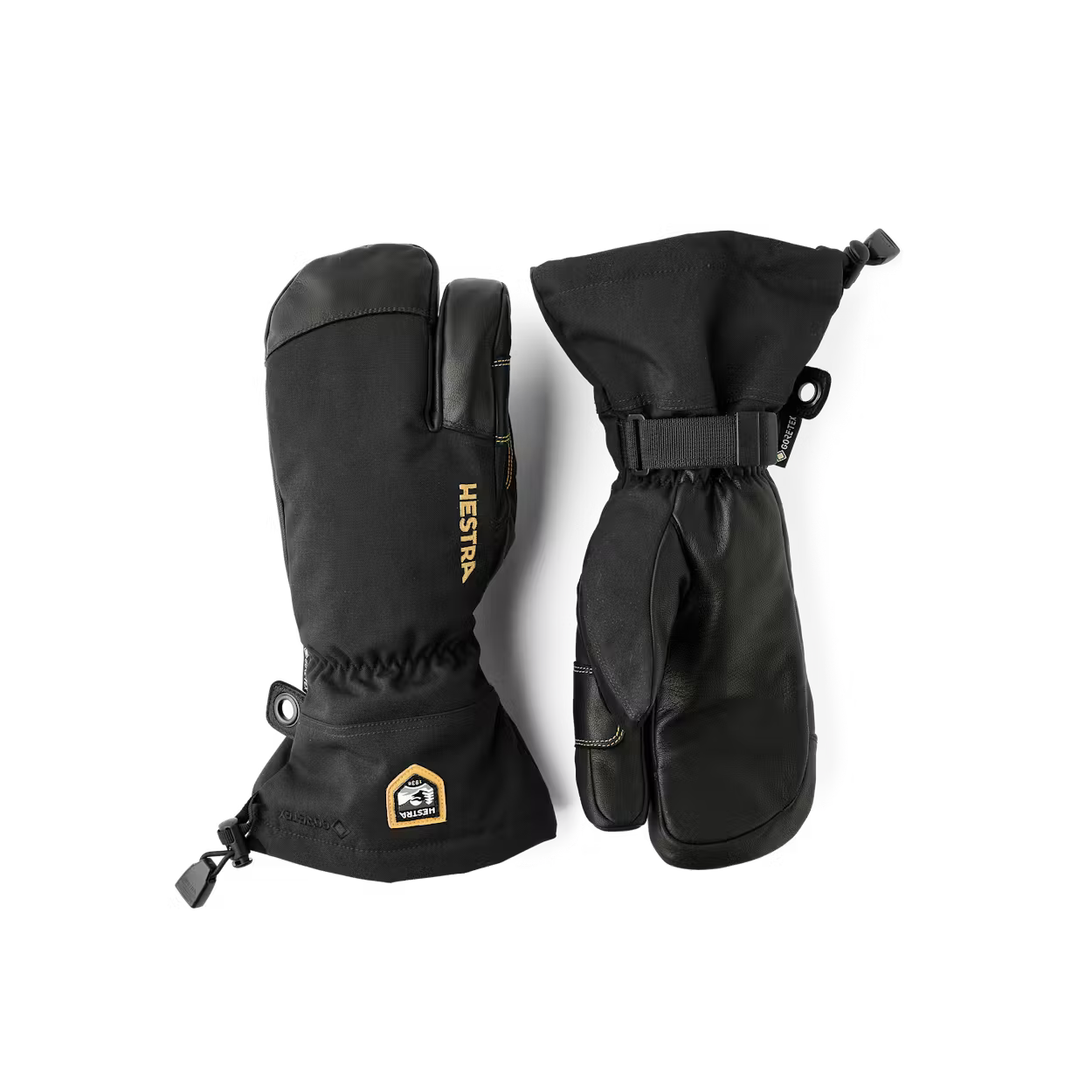 A pair of Hestra Army Leather GORE-TEX 3-Finger Gloves that feature a waterproof membrane and are made from premium leather.