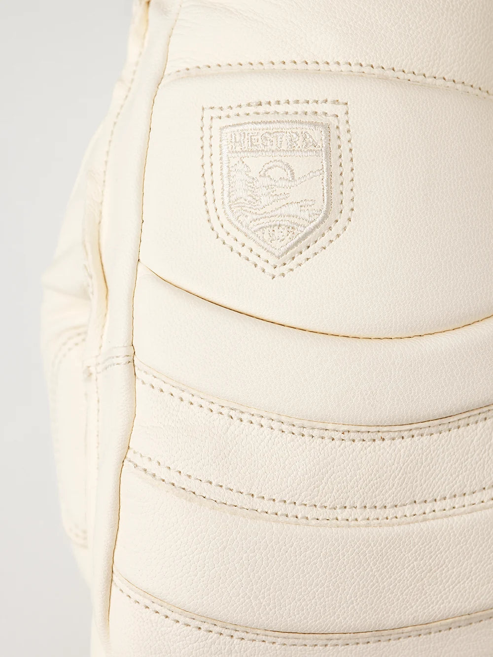 Hestra Fall Line Mitt in Almond White cowhide leather with G-Loft insulation, removable lining and short neoprene cuff.