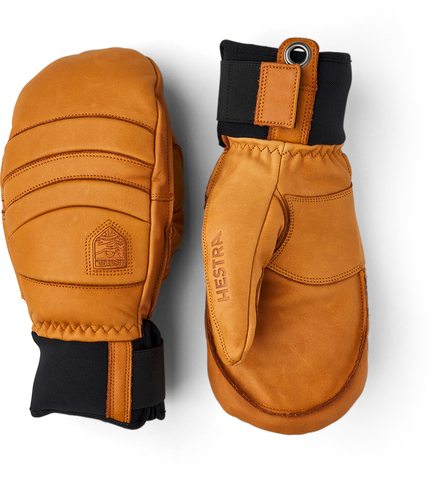 A pair of brown leather Hestra Fall Line Mittens made from premium materials.