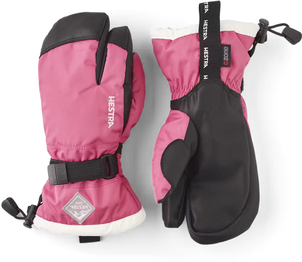A pair of pink Hestra Jr Gauntlet CZone 3 Finger Gloves that are designed to keep your child's hands warm and dry in harsh winter conditions.
