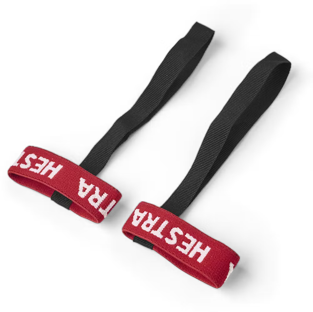 A pair of black, red, and white Hestra Kids Handcuffs 80/17mm that are designed to keep your child's gloves and mittens secure to their wrists.