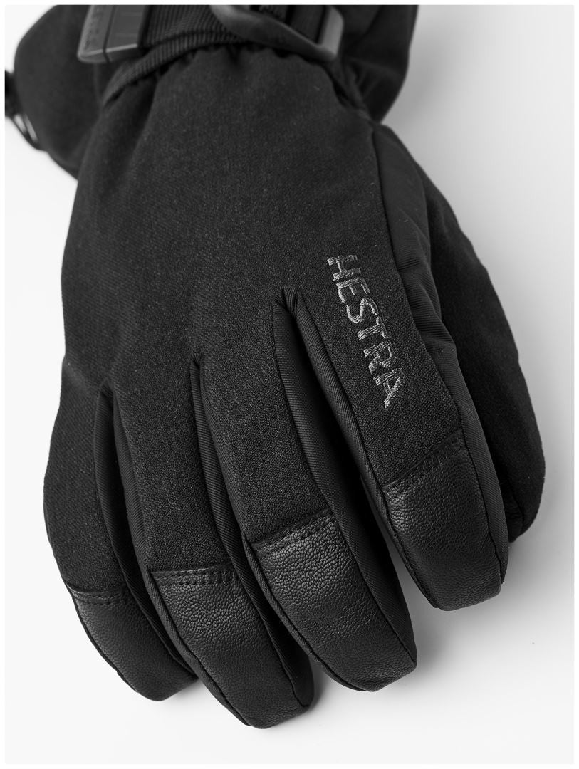 Hestra Powder Gauntlet Five Finger ski glove with goat leather palm, Fiberfil insulation, removable microfleece liner and long gauntlet cuff.