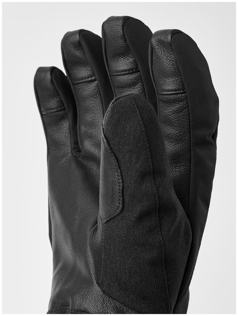 Hestra Powder Gauntlet Five Finger ski glove with goat leather palm, Fiberfil insulation, removable microfleece liner and long gauntlet cuff.