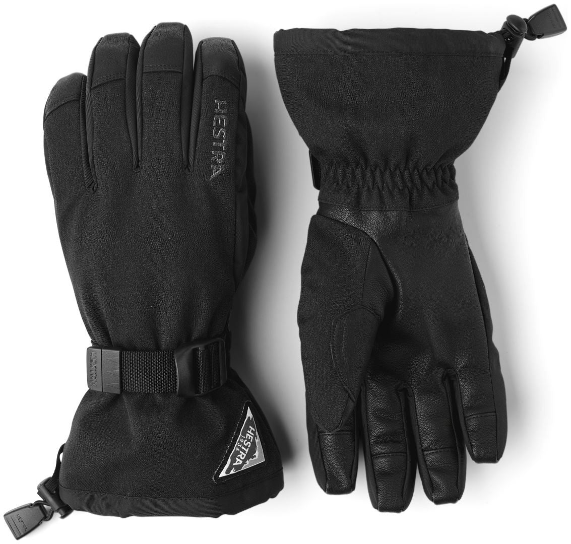 Hestra Powder Gauntlet Five Finger ski glove with goat leather palm, Fiberfil insulation, removable microfleece liner and long gauntlet cuff.