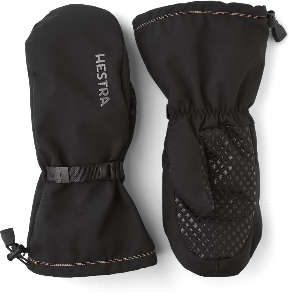 A pair of black Hestra Pullover Mittens, which are designed to keep your hands completely dry in even the wettest mountain conditions.