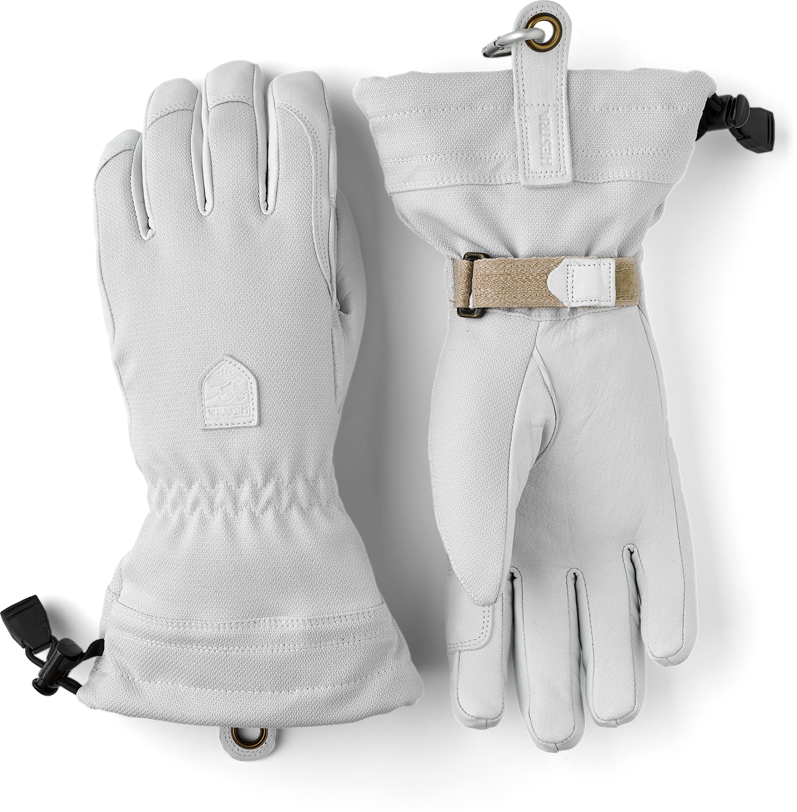 A pair of white Hestra Women’s Patrol Gauntlet Gloves, which are designed to keep your hands warm and dry in harsh winter conditions.