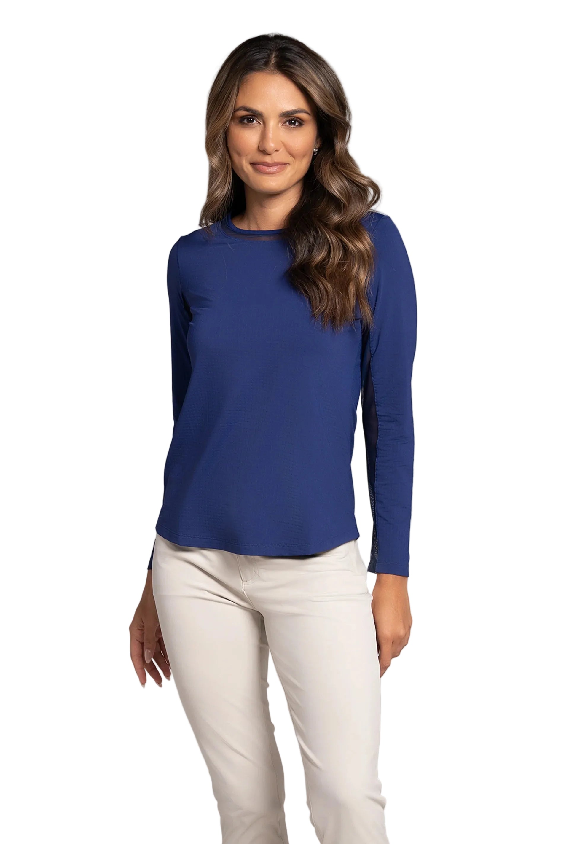 IBKÜL Women's Golf Long Sleeve Crew Neck with Mesh featuring breathable mesh panels, cooling performance fabric, and UPF sun protection.