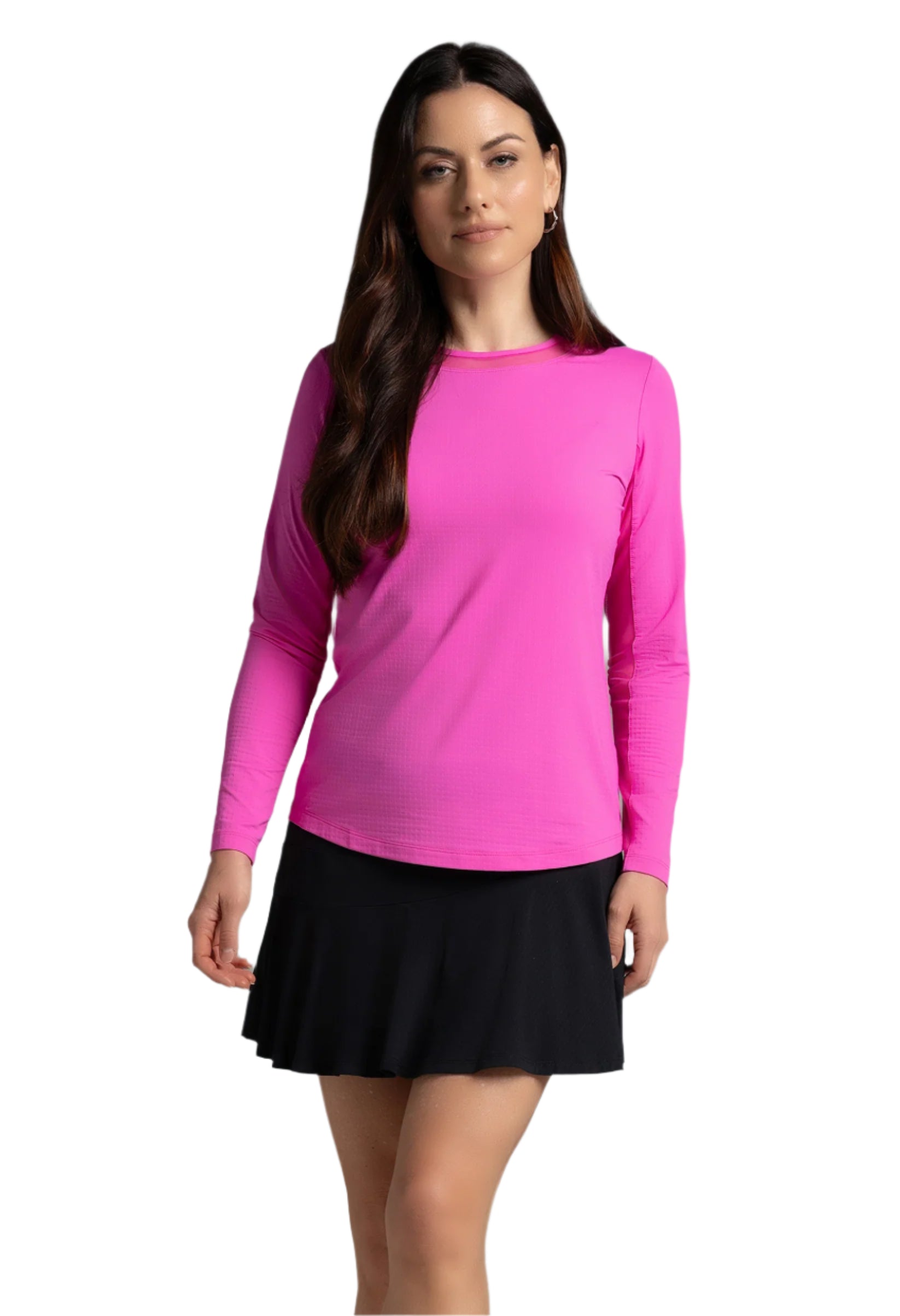 IBKÜL Women's Golf Long Sleeve Crew Neck with Mesh featuring breathable mesh panels, cooling performance fabric, and UPF sun protection.