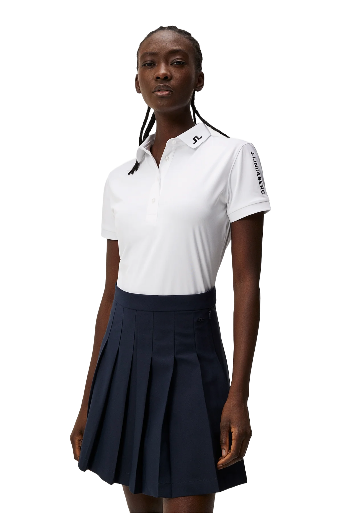 J.Lindeberg Women's Tour Tech golf polo with breathable four-way stretch performance fabric and athletic fit for golf and active wear