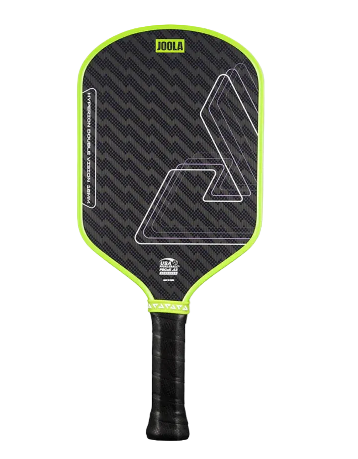 A Joola Hyperion Double Vision pickleball paddle featuring a black chevron-patterned face with a bright neon green border, white graphic lines, and a black wrapped handle.