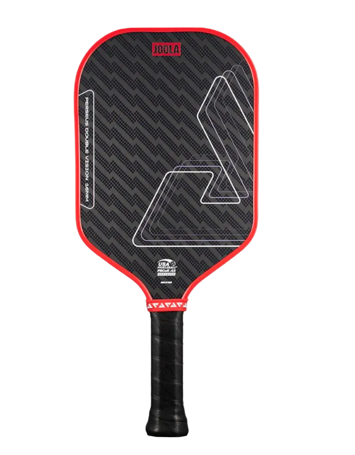 A Joola Perseus Double Vision pickleball paddle with a black and red design.