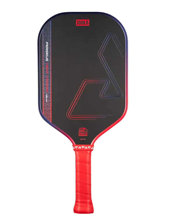A Joola Perseus Heat Vision pickleball paddle with a black face, red and blue accents, and a red wrapped handle.