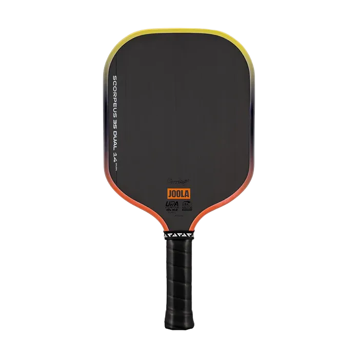 A black, yellow, and orange Joola Scorpeus 3S Dual 14mm pickleball paddle.