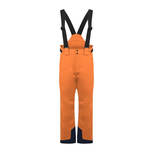 A pair of orange Kjus Boy's Vector ski pants for kids with adjustable suspenders, designed for winter comfort.