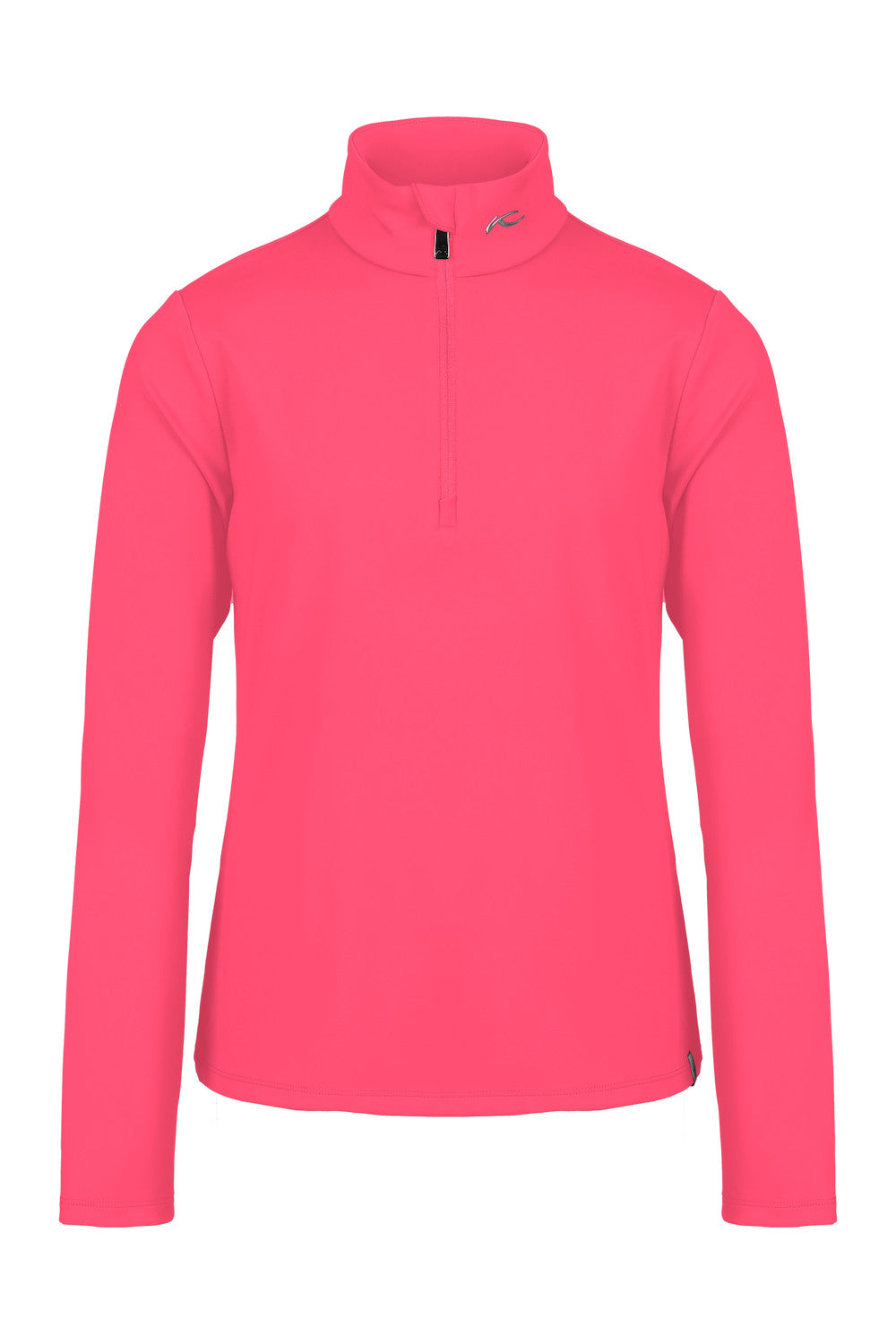 A pink Kjus Girl's Alexis 1/2 Zip Turtleneck sweater intended to be worn under a ski jacket.