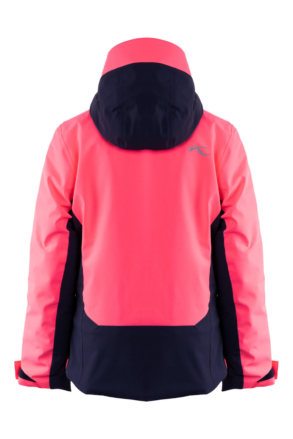 A pink Kjus Downhill Girl's Ski Jacket that is made from a premium technical fabric that features 4-way stretch, 20K waterproofing, and 20K breathability.
