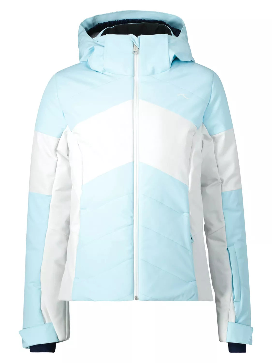 A light blue and white Kjus Girl's Madlain Ski Jacket that features a 20K waterproof and 20K breathable membrane, premium 4-way stretch fabric, and a fashionable silhouette.
