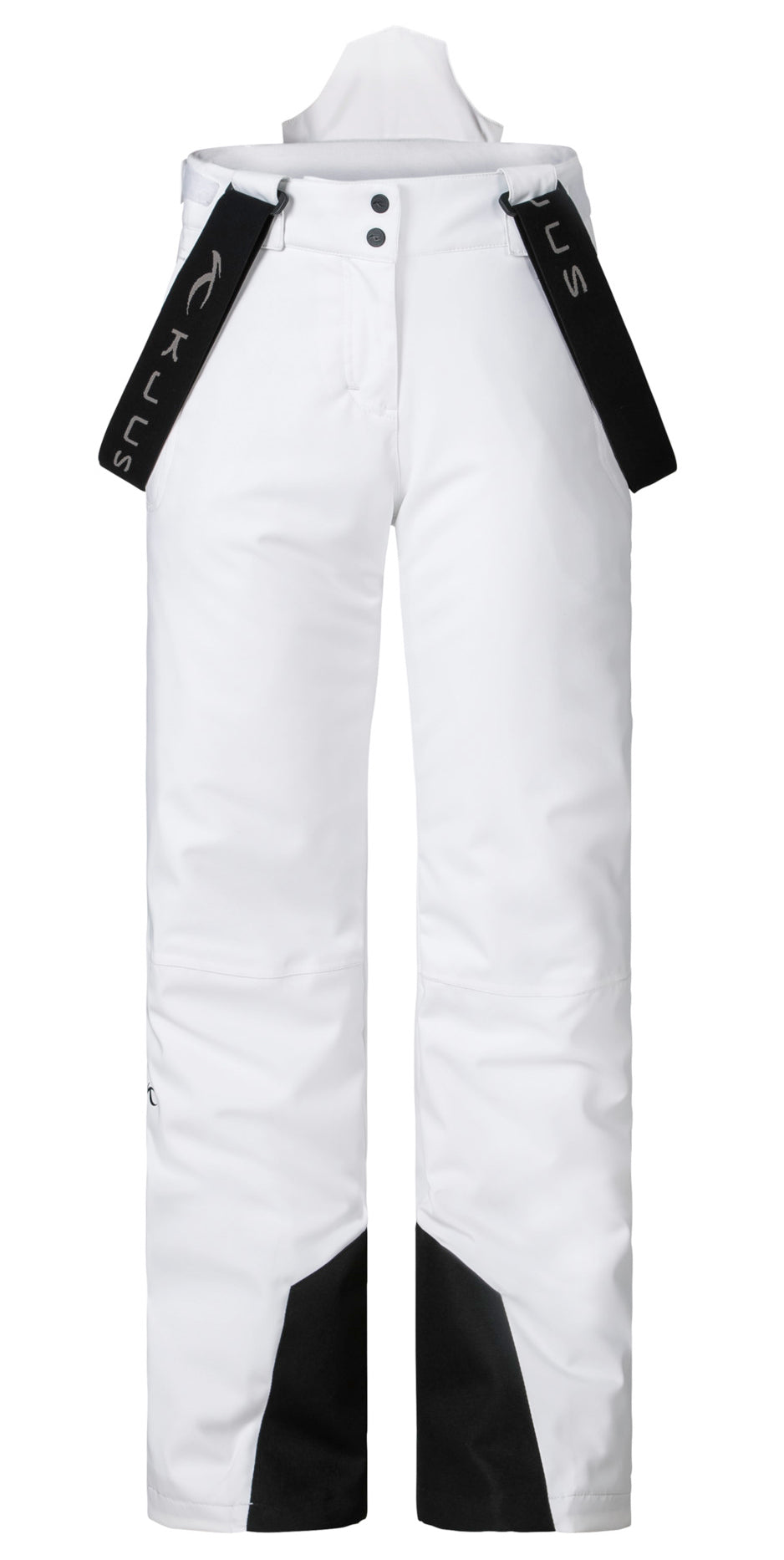A pair of white Kjus Girl's Silica Ski Pants that include a 20K waterproof and 20K breathable membrane, premium 4-way stretch fabric, and offer a sleek, slim silhouette.