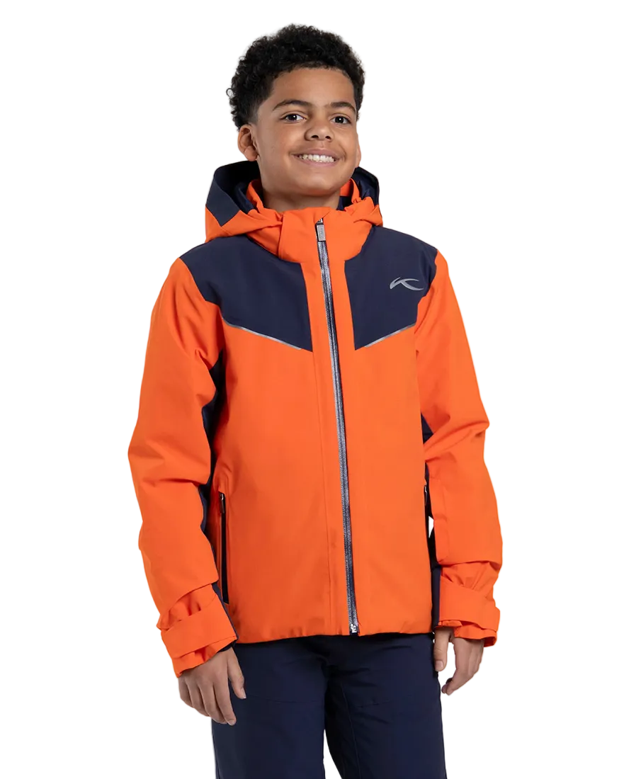 Front view of an orange Kjus Jr Boys’ Formula Jacket featuring 4-way stretch waterproof fabric, Fast Thermo Core insulation, water-repellent zippers, and the KJUS-GROW sleeve extension system.