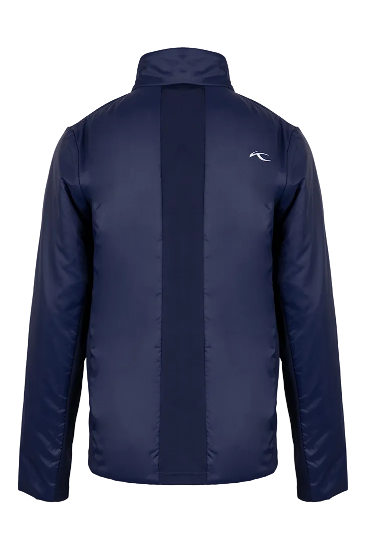 Rear view of an Atlanta blue Kjus Jr Radiation Jacket featuring windproof water-repellent fabric, synthetic insulation, stretch side panels, and a full-zip front with chin guard.
