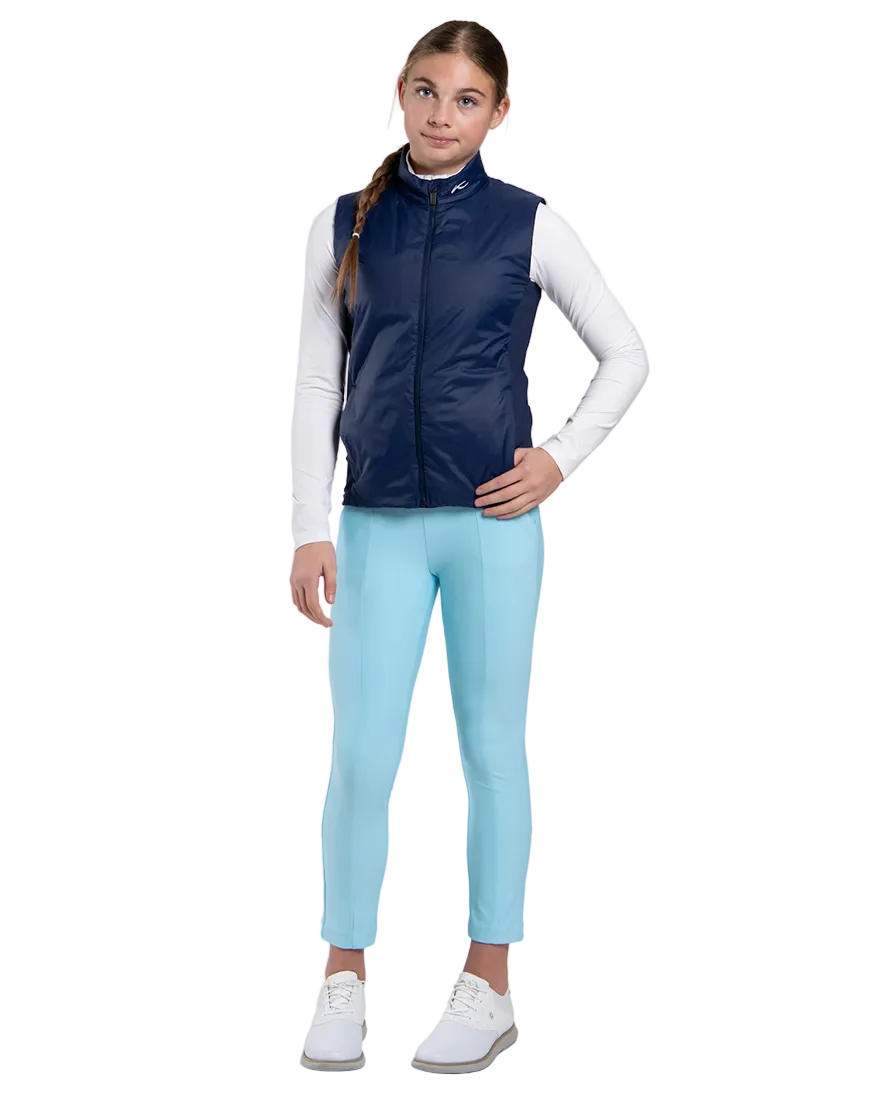 Front view of an Atlanta blue Kjus Jr Radiation Vest featuring windproof water-repellent fabric, synthetic insulation, stretch side panels, and a full-zip front with chin guard.