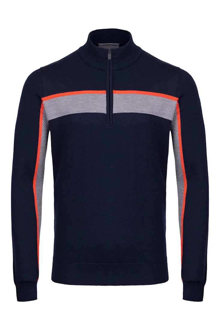 Front view of a navy Kjus Men’s Tracks Sweater featuring technical wool-blend knit fabric, dynamic multi-directional stretch, flatlock seam detailing, and elasticized cuffs.