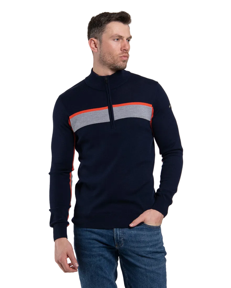 Front view of a navy Kjus Men’s Tracks Sweater featuring technical wool-blend knit fabric, dynamic multi-directional stretch, flatlock seam detailing, and elasticized cuffs.