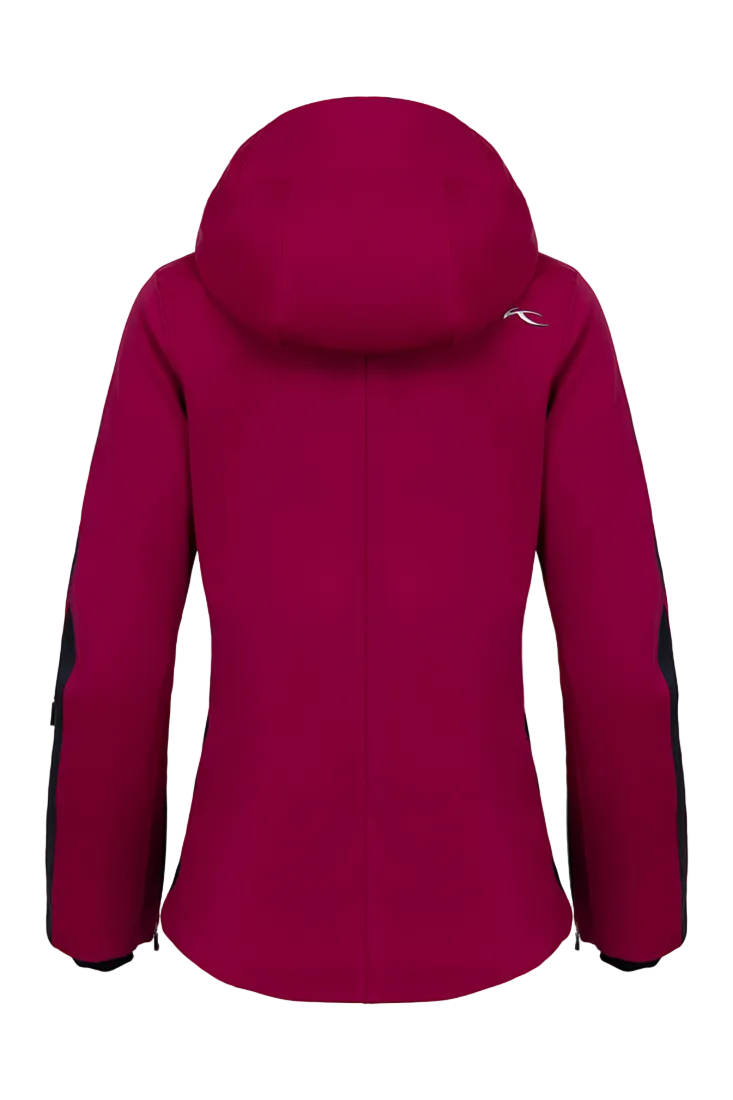 Rear view of a velvet rouge/black Kjus Women’s Formula Jacket featuring 4-way stretch waterproof fabric, Fast Thermo Core insulation, water-repellent zippers, AC-Vent forearm ports, and a detachable helmet-compatible hood.