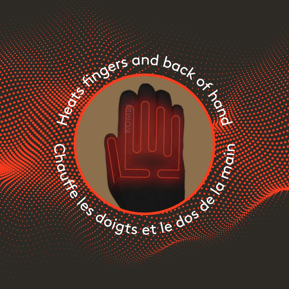 Kombi Warm-Up Heated Glove Liners featuring rechargeable battery-powered heating, stretch performance fabric, adjustable heat settings, and a low-profile fit for winter activities.