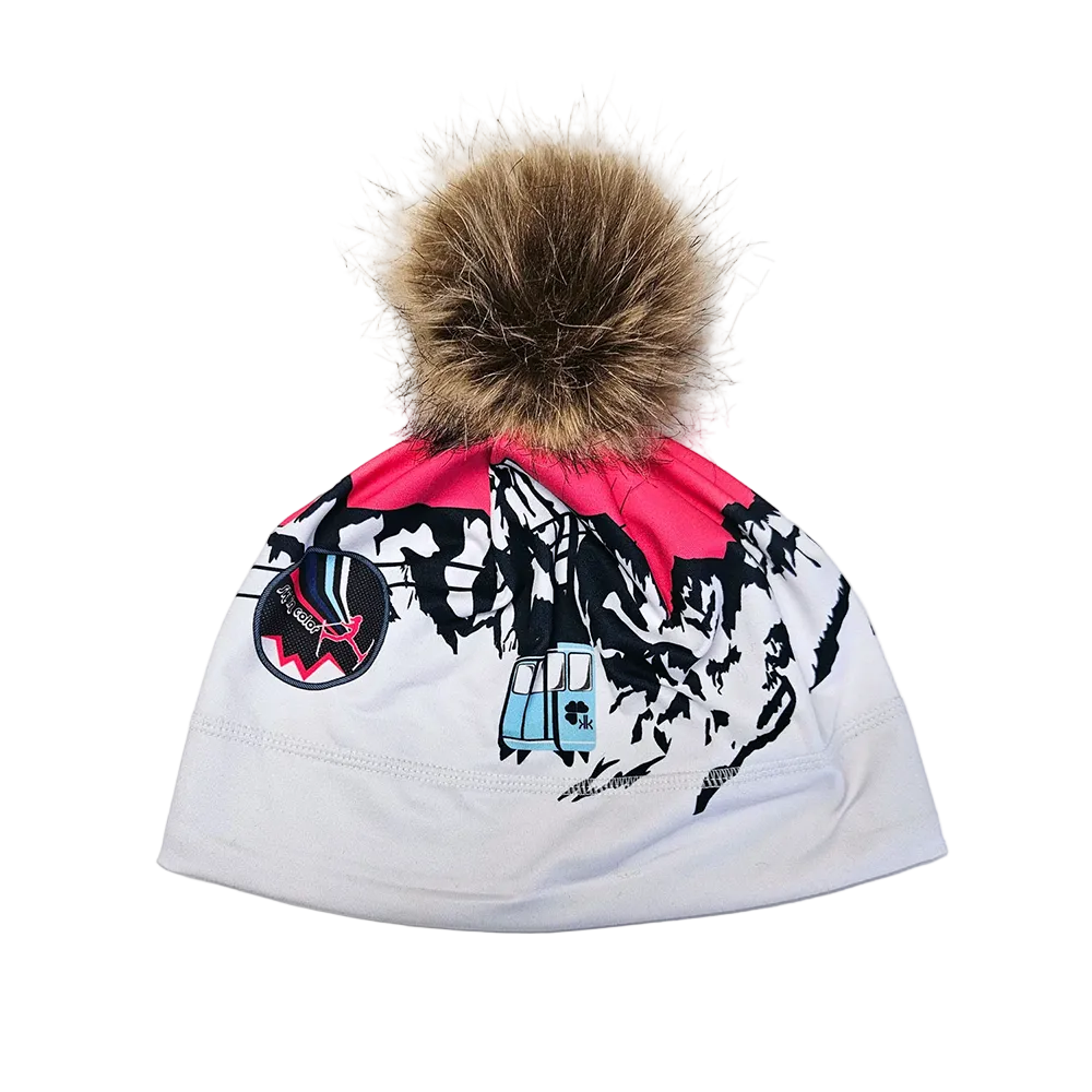 A photo of the Krimson Klover Gondola Beanie featuring a fine-gauge knit, interior fleece earband lining, folded cuff, custom alpine graphic knit design, and a faux-fur pom topper.