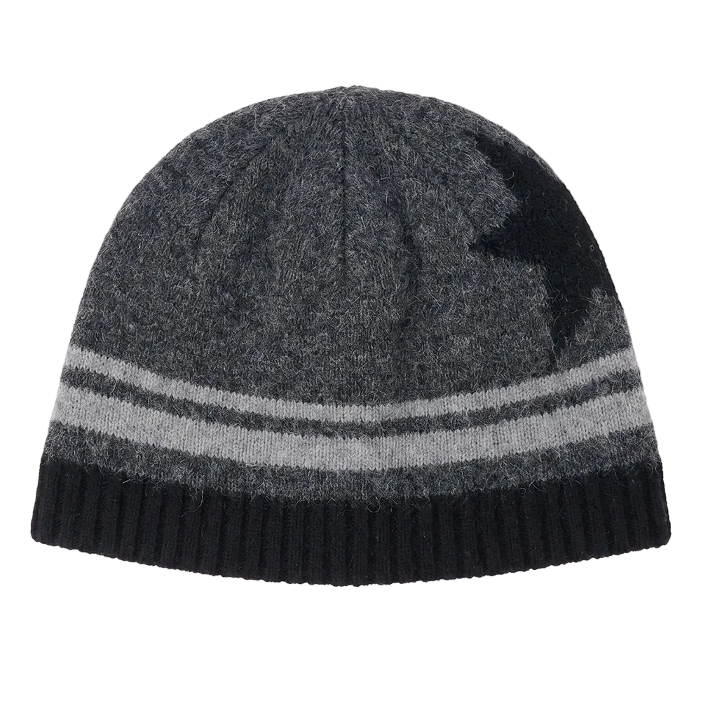 Front-view photo of a charcoal heather Krimson Klover Lumi Beanie featuring a fine-gauge technical knit, interior fleece earband lining, folded cuff, and faux-fur pom topper.