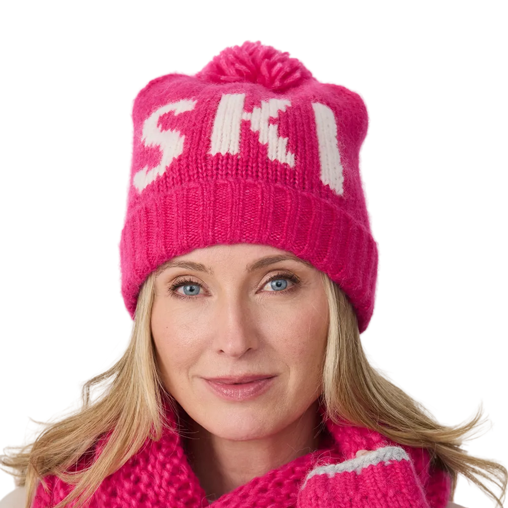 Photo of the Krimson Klover Ski Beanie featuring a Merino wool and baby alpaca knit, interior fleece earband lining, folded cuff, bold jacquard text graphic, and top yarn pom.