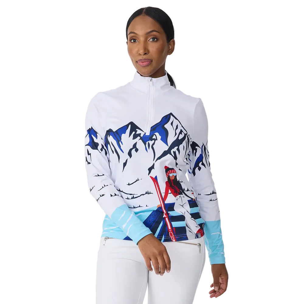 Front view of the Krimson Klover Women’s Apres Anyone Sweater featuring a mid-weight ECOVERO™ viscose blend knit, classic crew neck design, graphic front motif, and ribbed trim on the collar, cuffs, and hem.