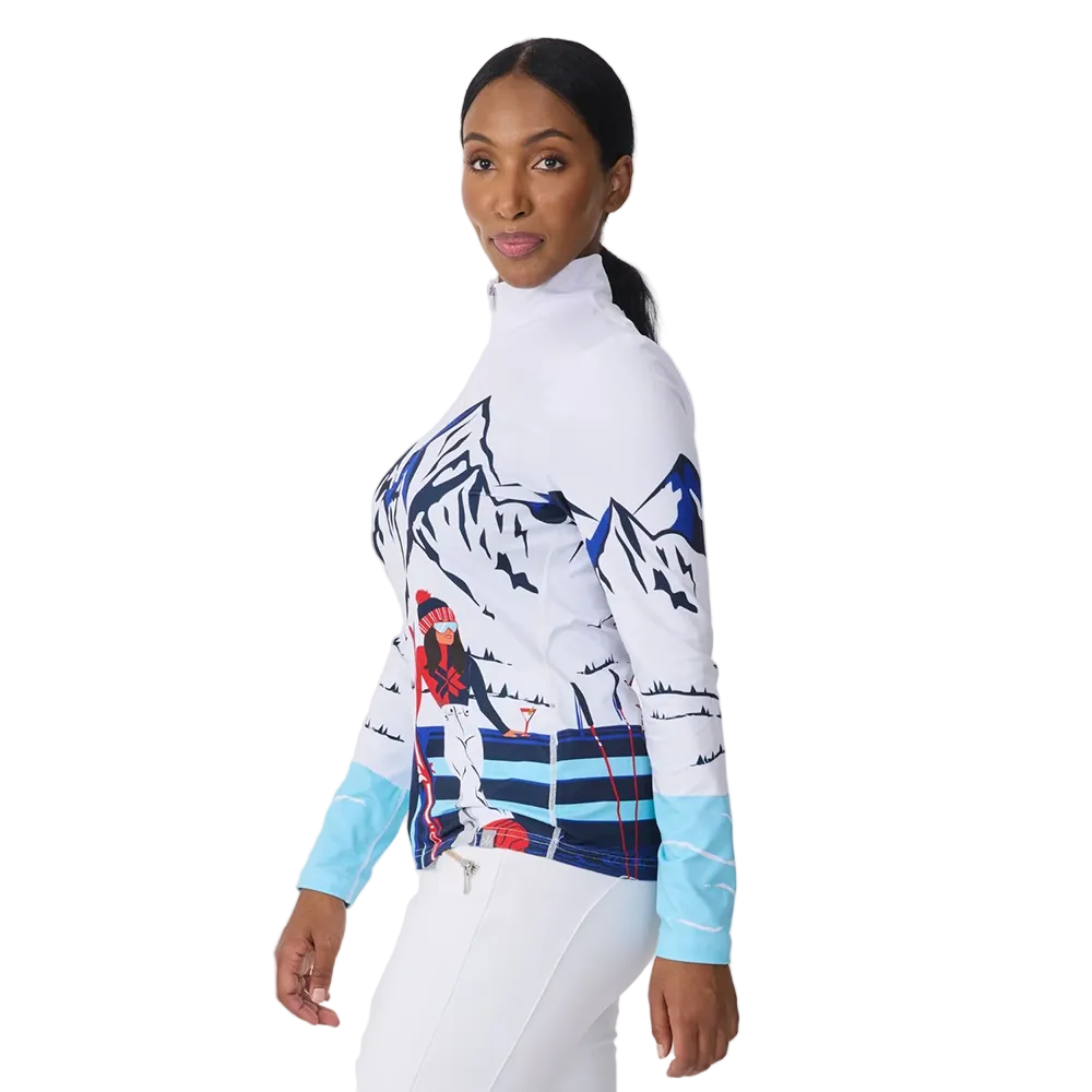 Side view of the Krimson Klover Women’s Apres Anyone Sweater featuring a mid-weight ECOVERO™ viscose blend knit, classic crew neck design, graphic front motif, and ribbed trim on the collar, cuffs, and hem.