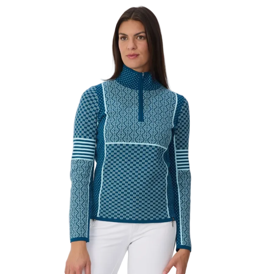 Front view of a teal Krimson Klover Women’s Pow 1/2 Zip Sweater featuring a mid-weight technical stretch knit, deep half-zip front zipper with chin guard, flatlock seams, and graphic print.