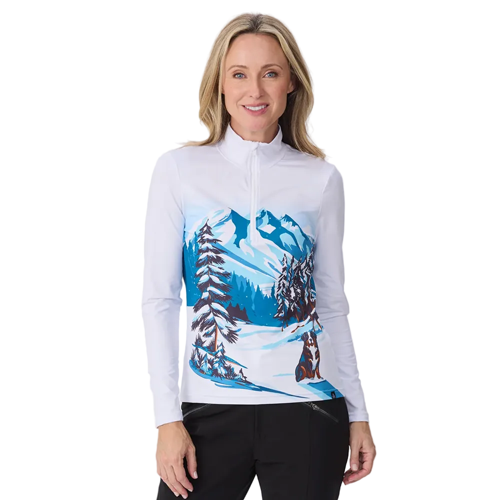 Front view of the Krimson Klover Women’s Snow Hounds Sweater featuring a mid-weight ECOVERO™ viscose blend knit, crew neck, custom dog graphic print, and ribbed collar, cuffs, and hem.