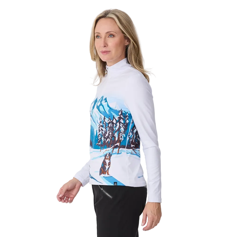 Side view of the Krimson Klover Women’s Snow Hounds Sweater featuring a mid-weight ECOVERO™ viscose blend knit, crew neck, custom dog graphic print, and ribbed collar, cuffs, and hem.